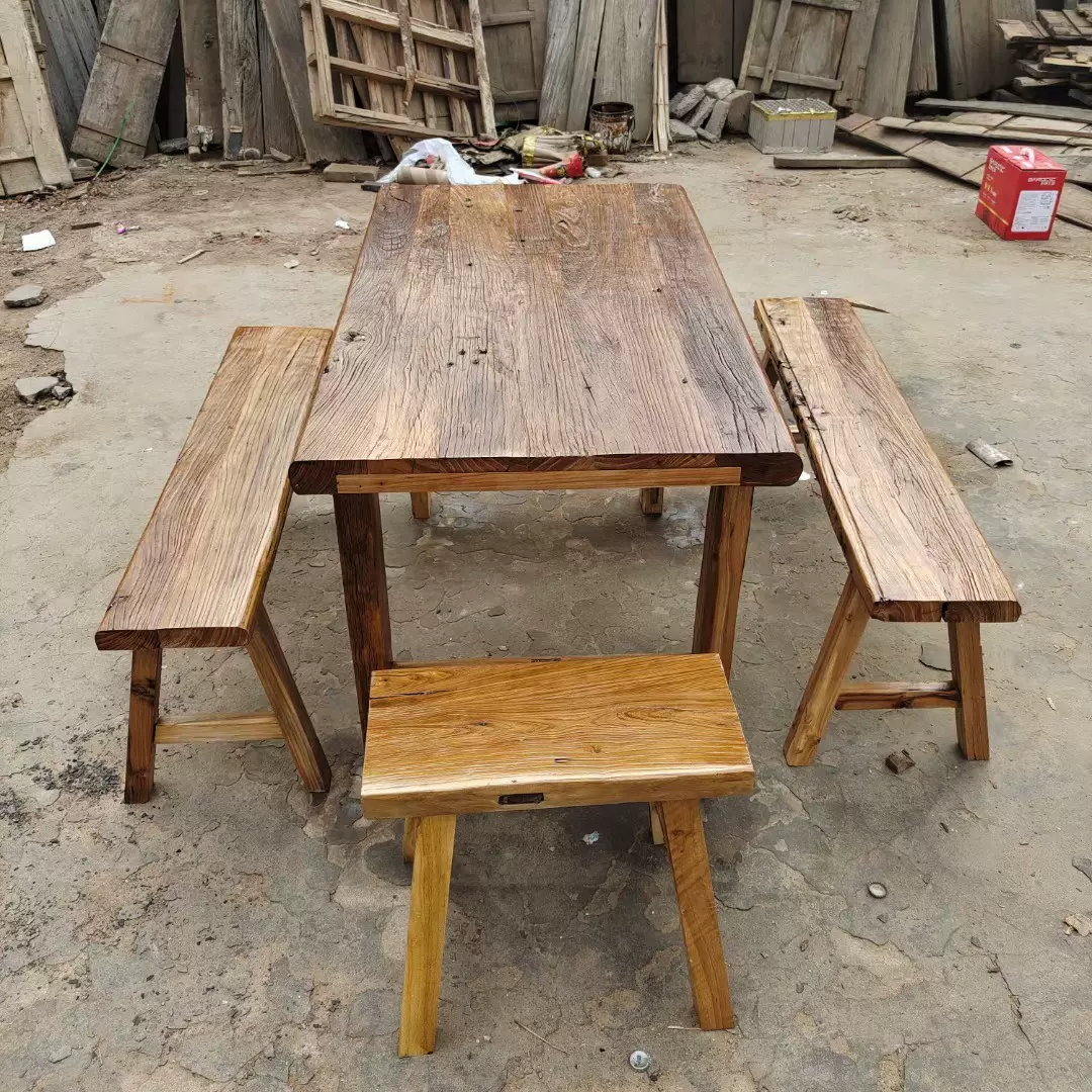 老榆木老榆木茶桌旧门板方桌复古风化禅意长条凳餐桌餐厅家具