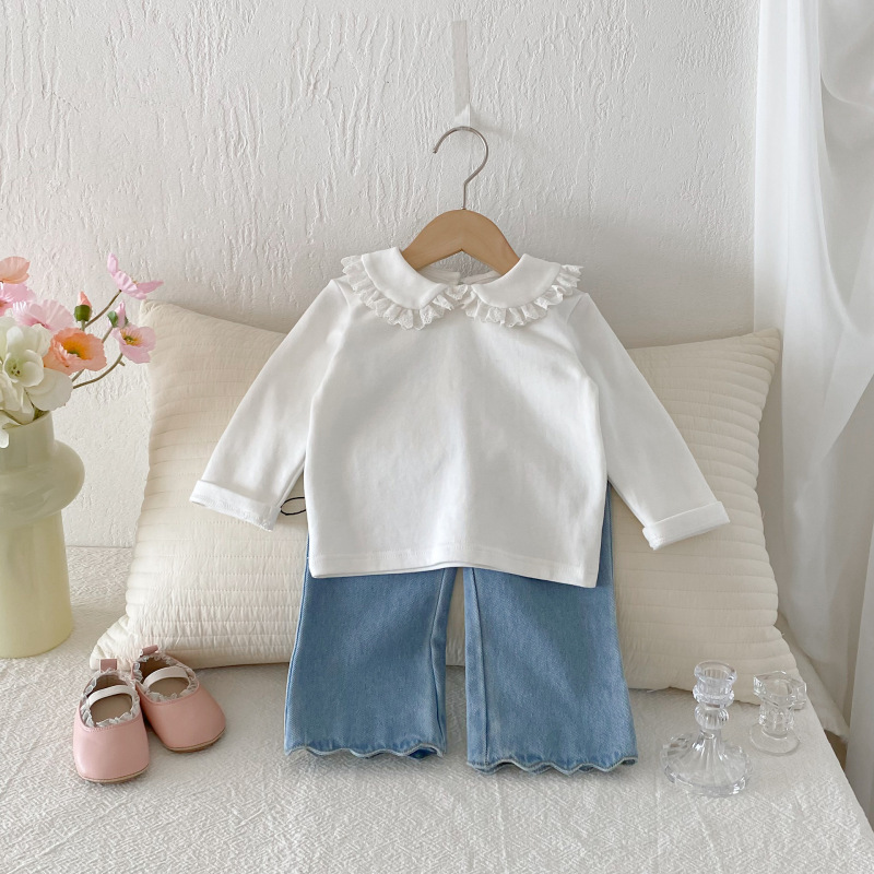 子供服秋女の子デニムフレアパンツ 2025 新しい小中型子供の春と秋の波状カジュアルジーンズ|undefined