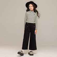 儿童秋装长袖T恤条纹打底衫半高领女孩衣服2025中大童阔腿裤套装