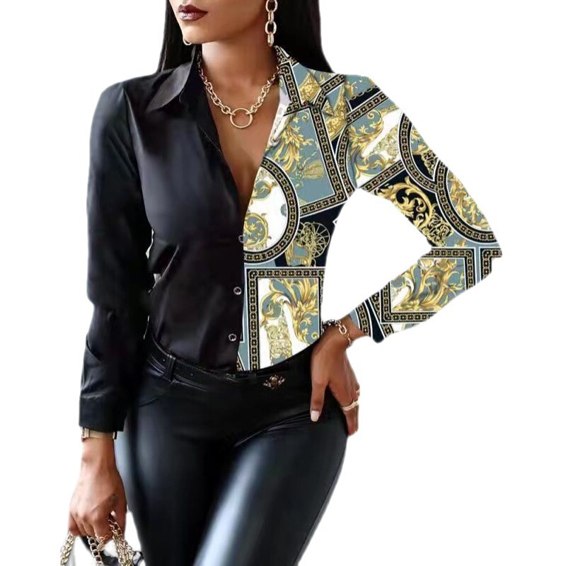 2023 Amazon Summer Women's Long Sleeve Fashion V-Neck Color Block Vintage Style Shirt Casual Top Trendy