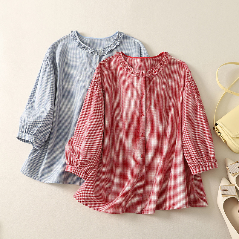 Real shot blue and white plaid shirt women's spring Japanese casual cotton lace collar plaid long sleeve shirt top