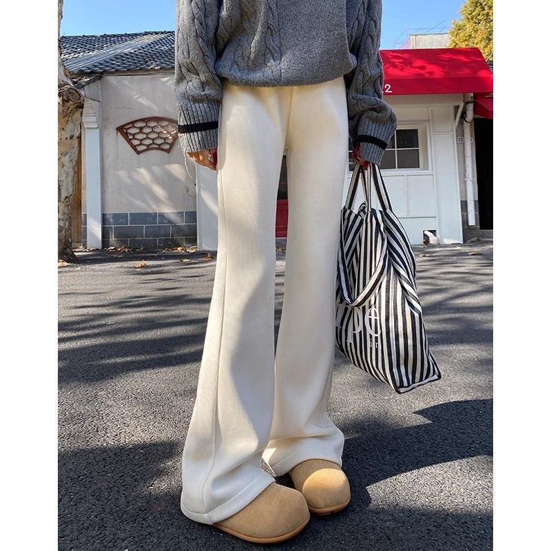 白色针织微喇裤秋冬款加绒加厚休闲垂感裤高腰显瘦微长裤跨境