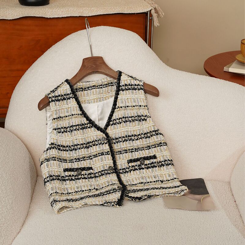 Anfiona 2026 New Style Black Striped Tweed V-Neck Sleeveless Black and Gold Lace Women's Vest