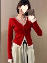 新年红色V领假两件针织衫毛衣女春秋设计感修身显瘦内搭开衫上衣