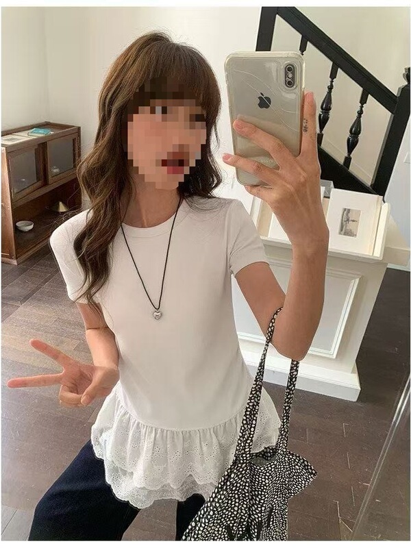 Elastic Cotton French Design Double-Layer Lace Trim White Shirt for Women, Versatile and Very Flattering, Slimming Top Elastic Cotton French Design Double-Layer Lace Trim White Shirt for Women, Versatile and Very Flattering, Slimming Top
