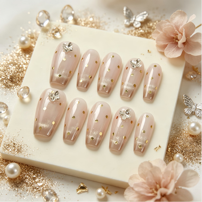French-style delicate cat-eye glitter butterfly pointed-bottom rhinestone nail tips, purely handmade, simple and short wearable nails French-style delicate cat-eye glitter butterfly pointed-bottom rhinestone nail tips, purely handmade, simple and short wearable nails