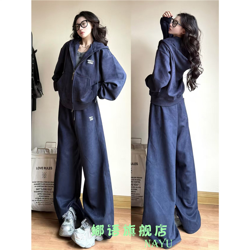 深圳南油运动套装女秋季慵懒风美式连帽开衫卫衣阔腿裤休闲两件套|undefined