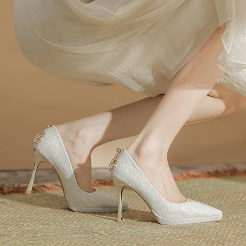 102-L17 fine sparkling rhinestones, high-end waterproof platform pointed toe stiletto high heels, bridesmaid shoes, non-tiring feet, wedding shoes for women