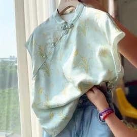 新中式国风高级感绿色蝴蝶兰上衣女2025夏季新款淡雅减龄提花短袖