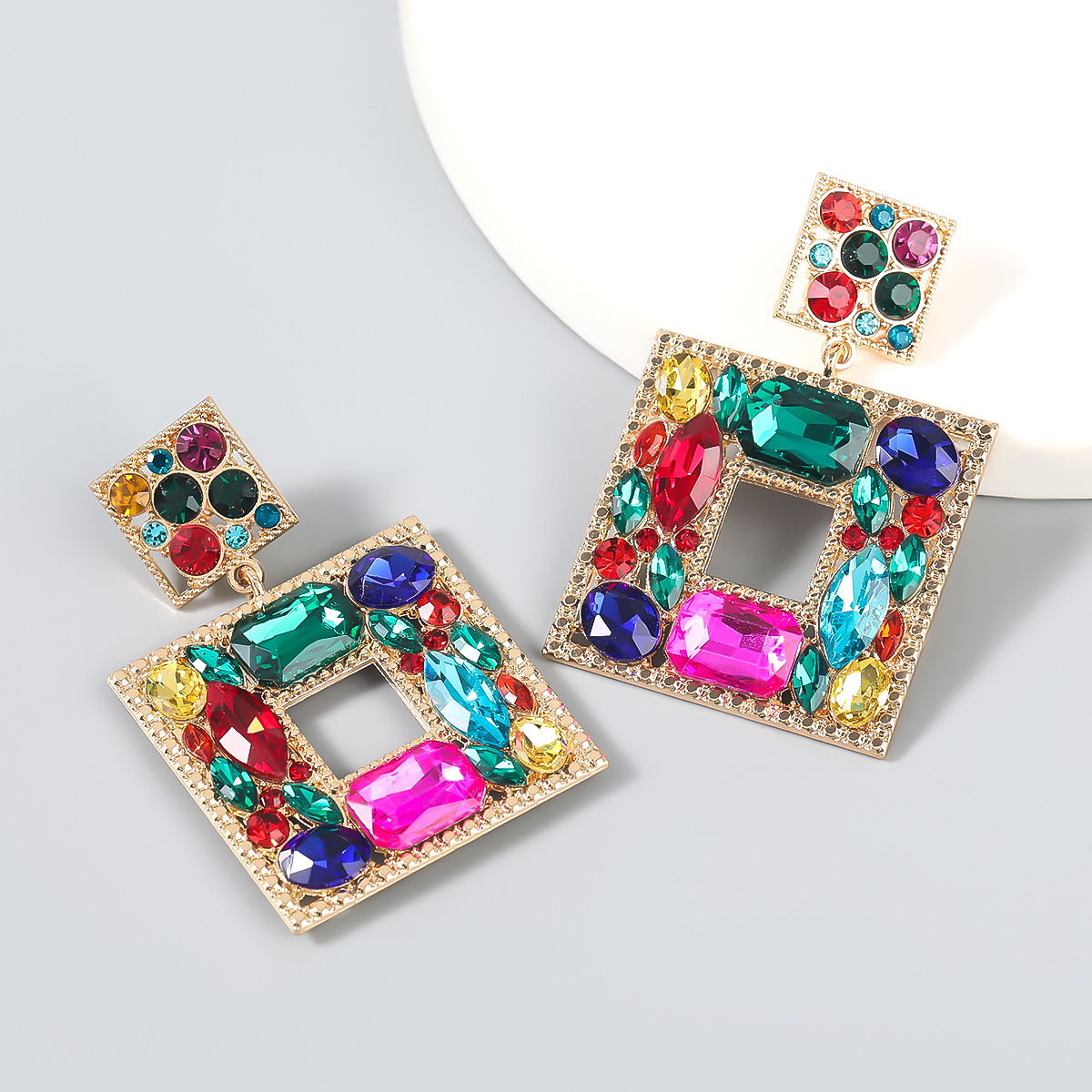 Fashion Red Alloy Diamond Square Earrings