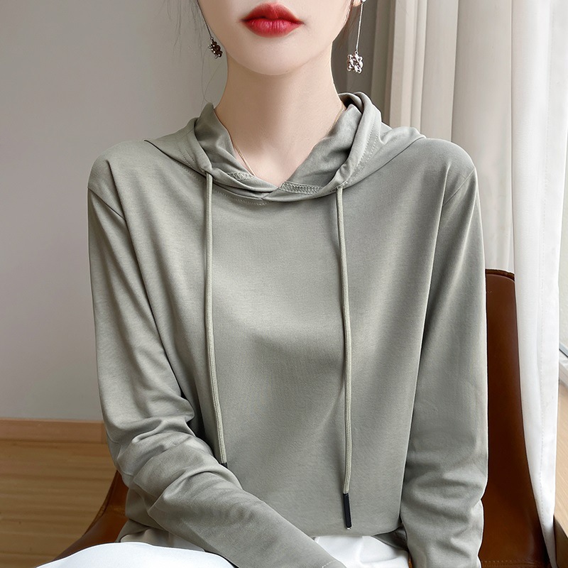 Spring and Autumn Style Casual Women's Pure Cotton Hooded Sweatshirt Long-Sleeve T-Shirt Loose Solid Color Versatile Base Youthful Top