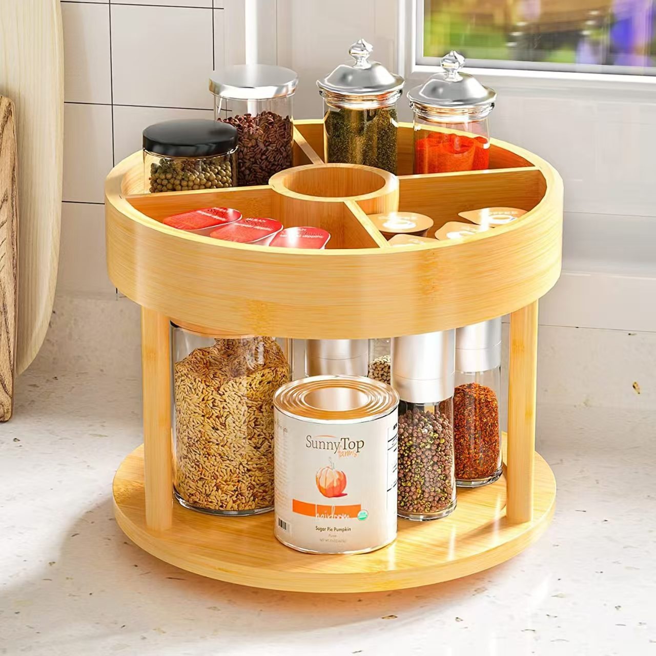 Bamboo kitchen spice rack countertop double-layer rotating storage rack spice bottle glass bottle organizer solid wood storage rack