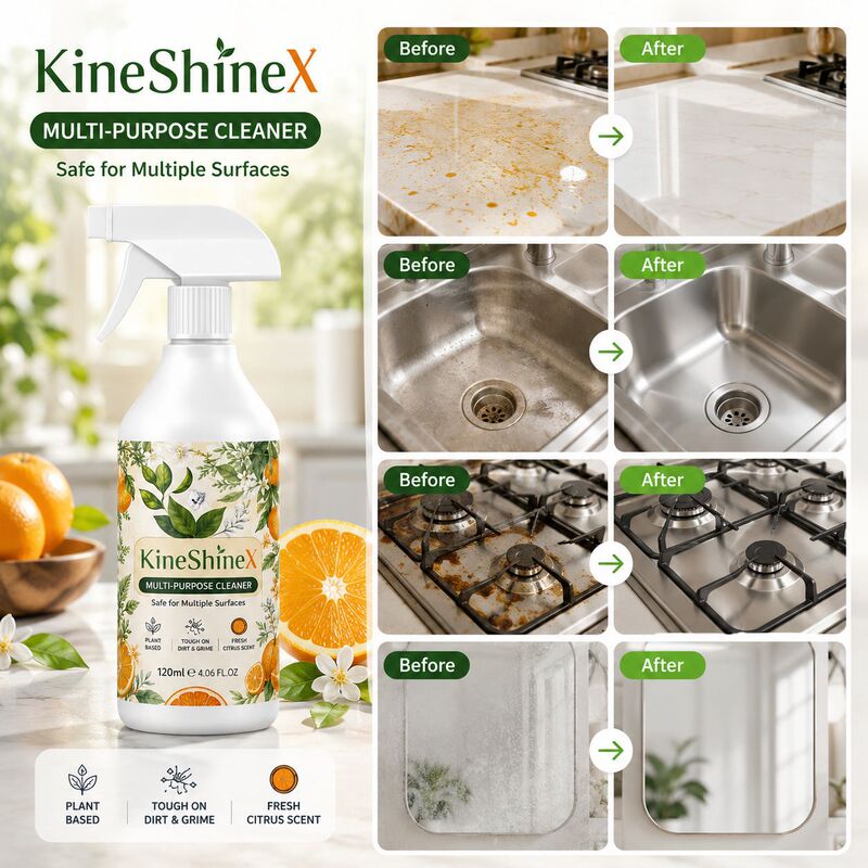 KineShineX multi-purpose cleaner for kitchen, bathroom, countertops, sinks, tiles, glass, oil, dirt, and grime