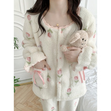 2025加厚花边领蝴蝶结喇叭袖可爱花朵郁金香爱心睡衣套装