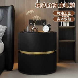 意式极简全实木烤漆圆形设计床头柜黑色轻奢高级感卧室储物收纳柜