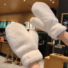 冬季手套批发毛绒加厚保暖男女毛绒连指可爱简约白色包指学生跨境