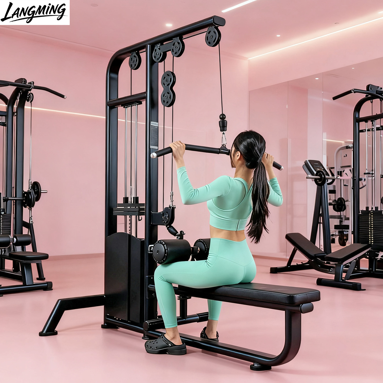 Equipo de gimnasio, polea alta para entrenamiento femenino, remo, ejercicio aeróbico de tracción trasera, moldeamiento y embellecimiento de la espalda.