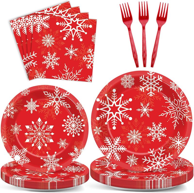 Red Snowflake Christmas Theme Party Paper Plate Tableware Children's Holiday Decoration Disposable Articles Decoration suit