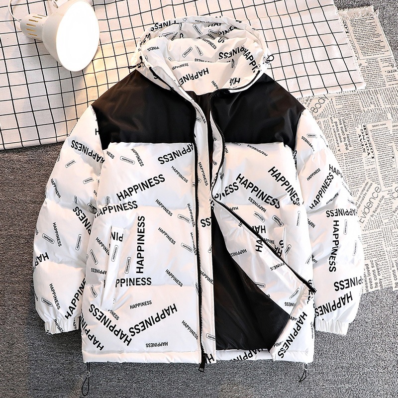 Cross-border Hong Kong-style stand-up collar letter patchwork hooded cotton jacket, thickened and fleece-lined for autumn and winter, men's winter cotton coat wholesale