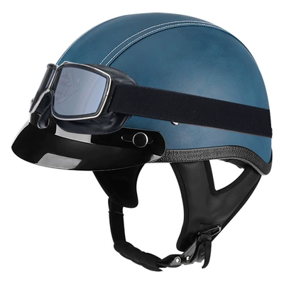 Motosiklet kaskı (dəbilqə) — helmet safety helmet leather helmet - blue-leather-brim-square-retro-mirror-m56-57cm