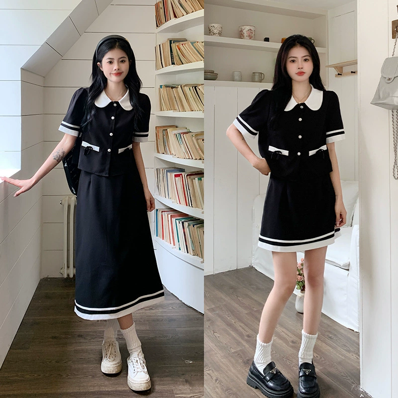 Женская одежда больших размеров, летняя и осенняя, уменьшающая возраст, костюм во французском стиле Chanel, костюм в стиле ретро, короткий топ + юбка, костюм из двух частей