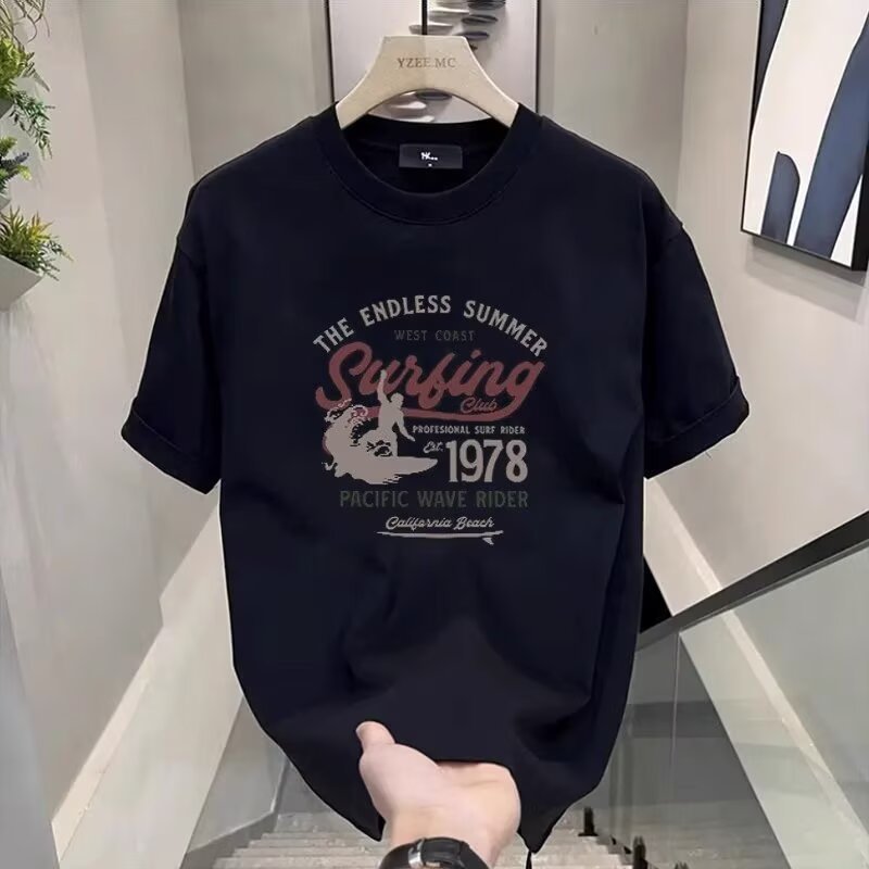 European-style trendy menswear, round neck, Instagram-worthy summer fashion, light luxury quality printed short-sleeved top, stylish and versatile.
