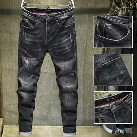 韩版修身小脚裤子男潮牌弹力破洞刮烂黑色百搭男裤 jsn839