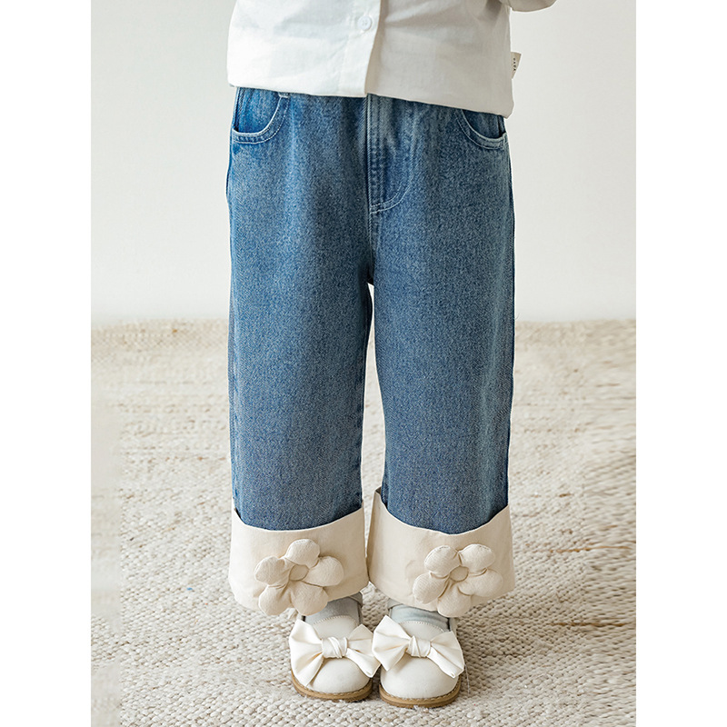 New Color Block 3D Floral Denim Jeans for Spring and Autumn Children's Loose Casual Straight Leg Pants