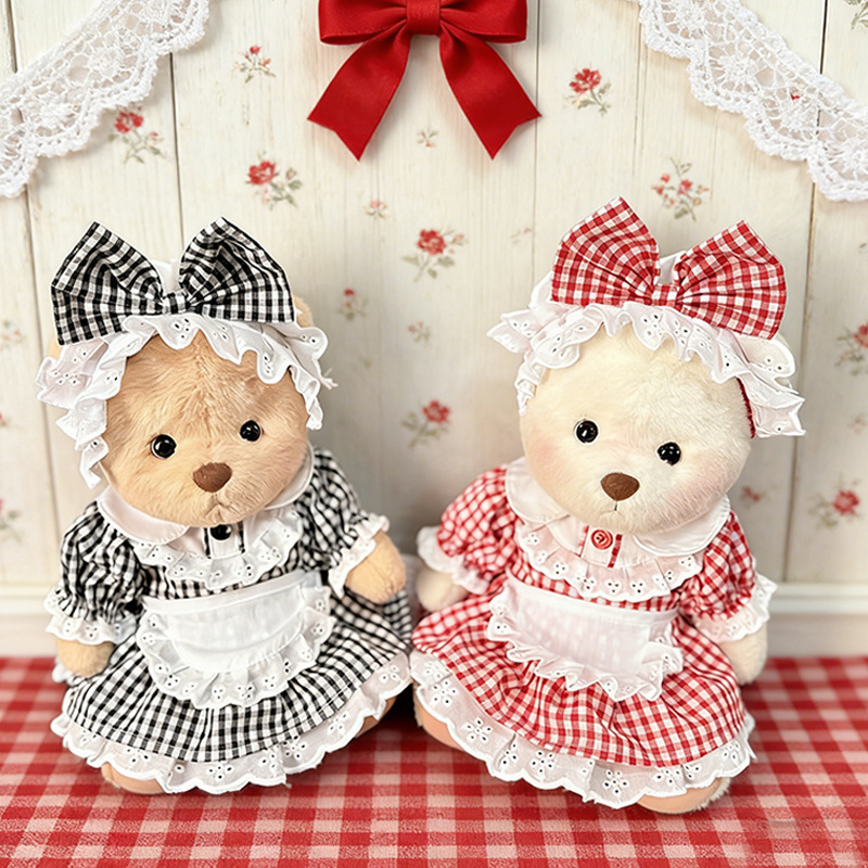 Only Selling Clothes】Medium-Sized Lina Jointed Bear Plush Doll Outfit Replacement 30cm Red and Black Checkered Maid Dress