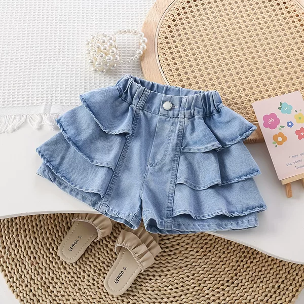 Children's Clothing Summer Baby Girl Outer Denim Shorts 2025 Korean Style New Style Thin Cake Lace Culottes