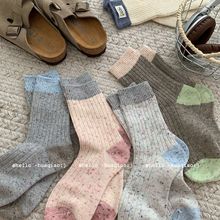 秋冬粗线女袜韩国东大门拼色点子纱羊绒加厚保暖羊毛中筒堆堆袜