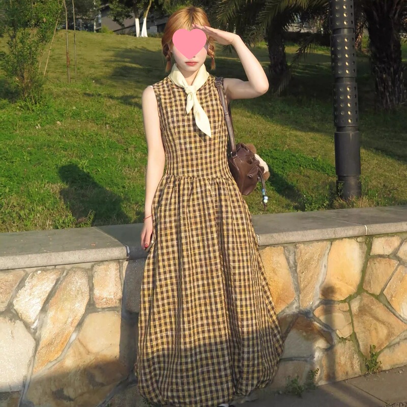 Yellow Plaid Design Summer Dress Sleeveless Tank Top Dress Women's Summer Waist-Cinching Long Floral Dress Yellow Plaid Design Summer Dress Sleeveless Tank Top Dress Women's Summer Waist-Cinching Long Floral Dress