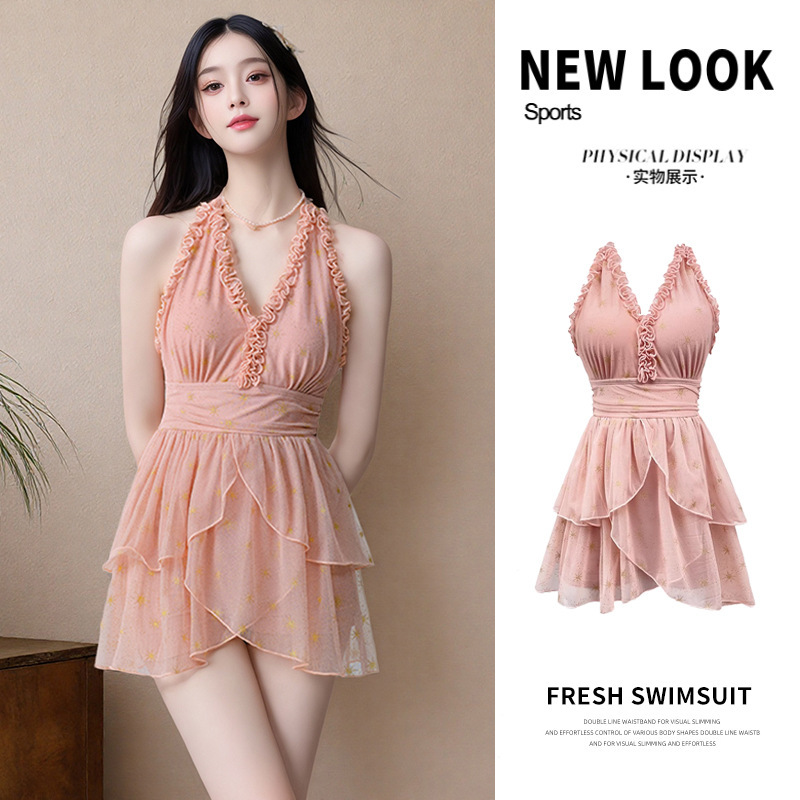 2025 new one-piece swimsuit women's conservative skirt pink high-end sexy pure wind backless women's swimming suit