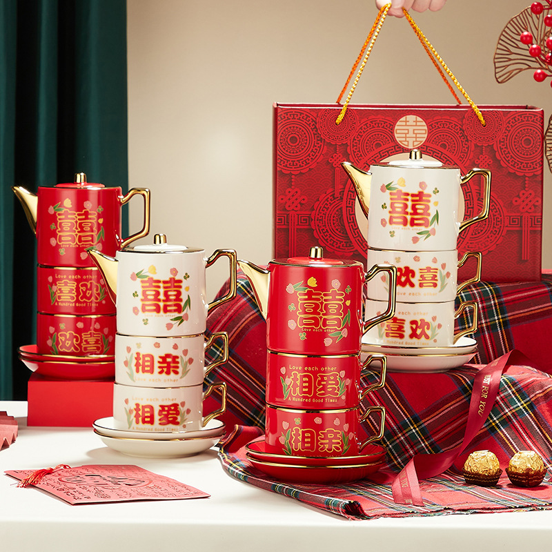 Tazas de té estilo chino, juegos de té florales, recuerdos de boda, tazas de café con el carácter de doble felicidad, regalos de boda de cerámica, regalos para celebración de bodas.