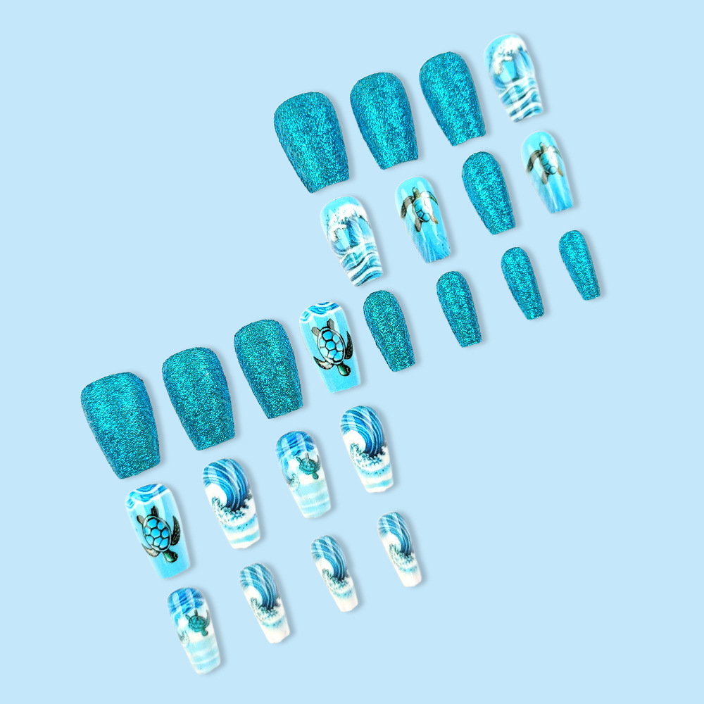 Ventas transfronterizas de tortugas marinas ondas manicuras azul mar fresco para usar uñas cortas 24 piezas de parche de uñas terminadas image 5