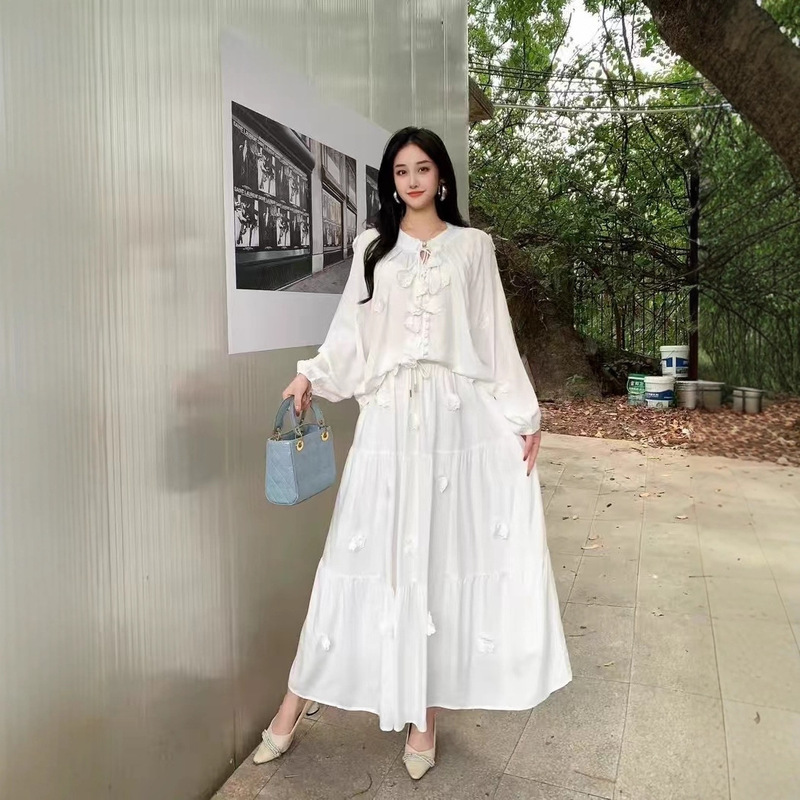 Gentle Style Two-Piece Set for Women in Autumn, Sweet Three-Dimensional Flower Lace-Up Lantern Sleeve Top, High-Waisted Skirt with Large Hem