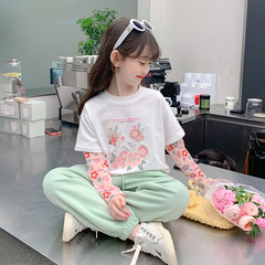 女童夏季短袖T恤2024新款兒童夏裝防曬衣服小女孩夏款假兩件體恤