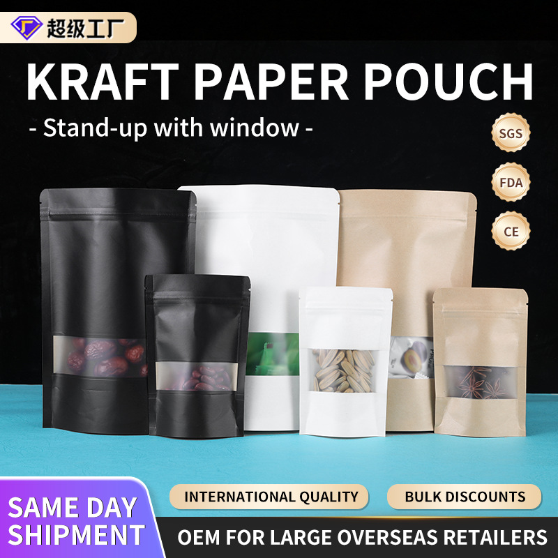 Stand Up Kraft Paper Bag with Clear Window Food Grade