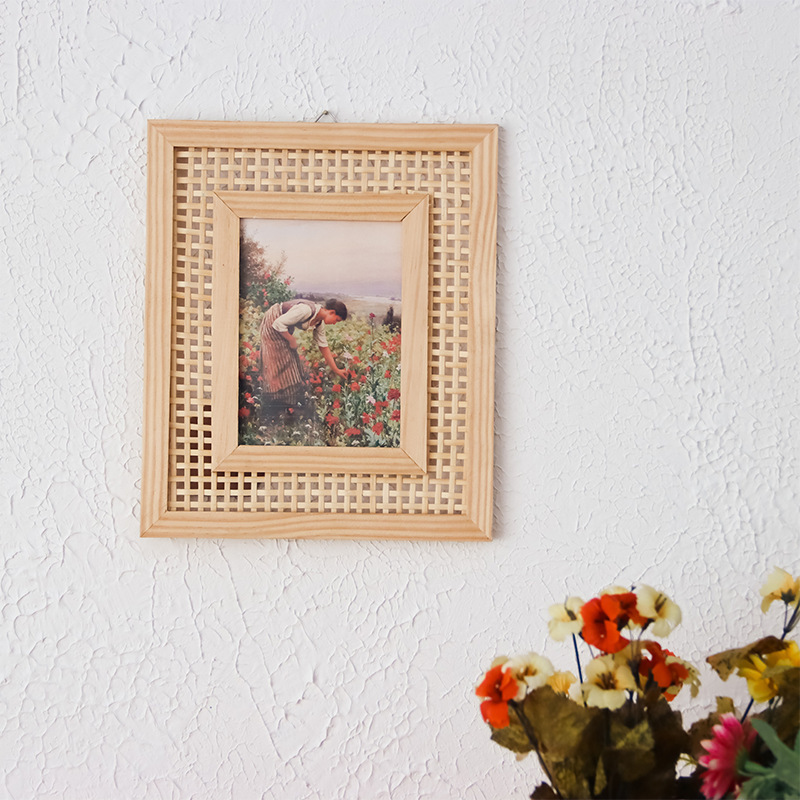 Customized Cross-Border Scandinavian Style Rectangular Solid Wood Photo Frame Wall Hanging Creative Handmade Rattan Desktop Decoration Photo Frame Ornaments