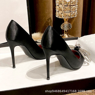 High-heeled shoes women's 2022 new bow rhinestone shallow mouth niche design socialite pointed toe stiletto heel fashion shoes