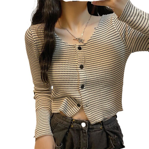 Knit sweater for autumn and winter, women's small Chanel-style striped gentle wear, design sense, niche versatile, slimming open sweater