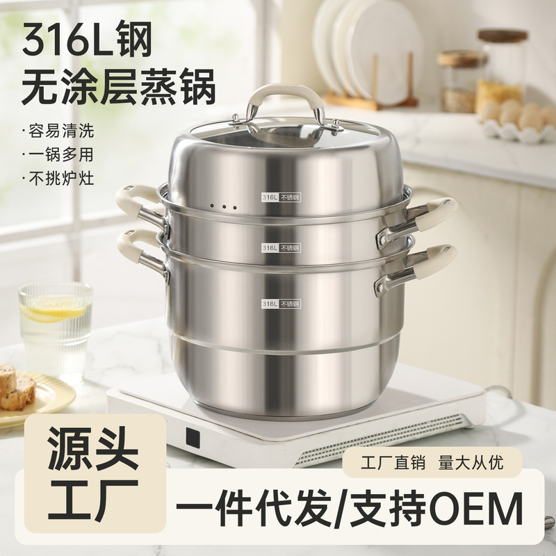 All 316L Stainless Steel Steamer Pot for Home Use, Food-Grade, Multi-Layer with Steamer Basket, Large Capacity Soup Pot, Suitable for Induction Cooker and Gas Stove