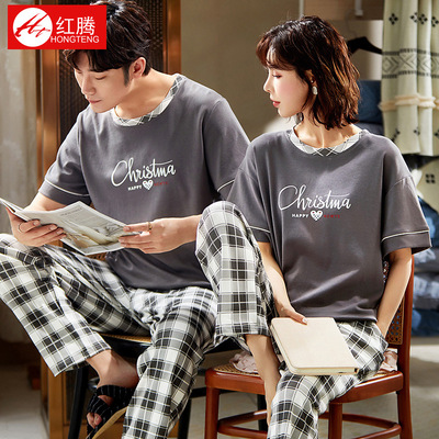 春夏季情侣棉质睡衣女套头可爱小清新短袖两件套简约可外穿家居服