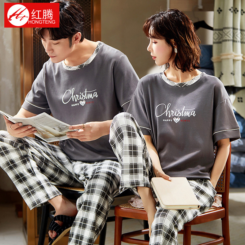 春夏季情侣棉质睡衣女套头可爱小清新短袖两件套简约可外穿家居服