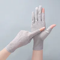 Солнцезащитные перчатки для женщин, летний хлопок из тонкого ледяного шелка, защита от ультрафиолета, вождение на половине пальцев, нескользящий, дышащий, солнцезащитный козырек для сбора чая без пальцев