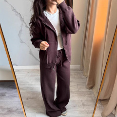 欧美跨境休闲女装纯色长袖拉链开衫连帽毛衣系带直筒裤二件套秋冬
