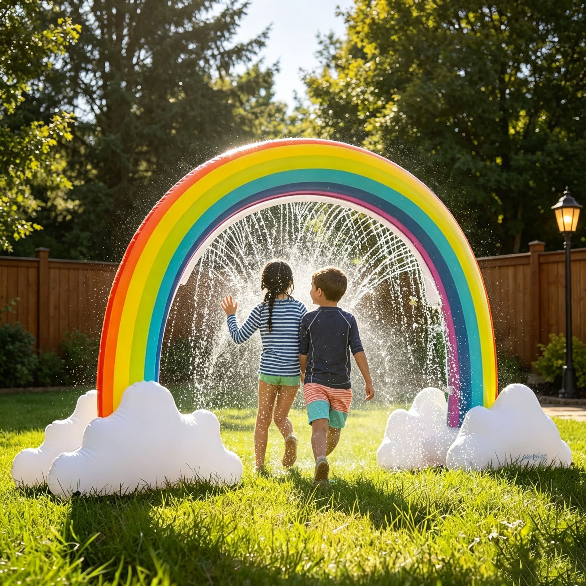 Arco de agua inflable con forma de arcoíris para niños, arco de agua con forma de tiburón para jugar al aire libre en el jardín.