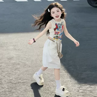 女童夏季时尚套装新款儿童夏装背心中裤工装裤女孩夏季无袖两件套