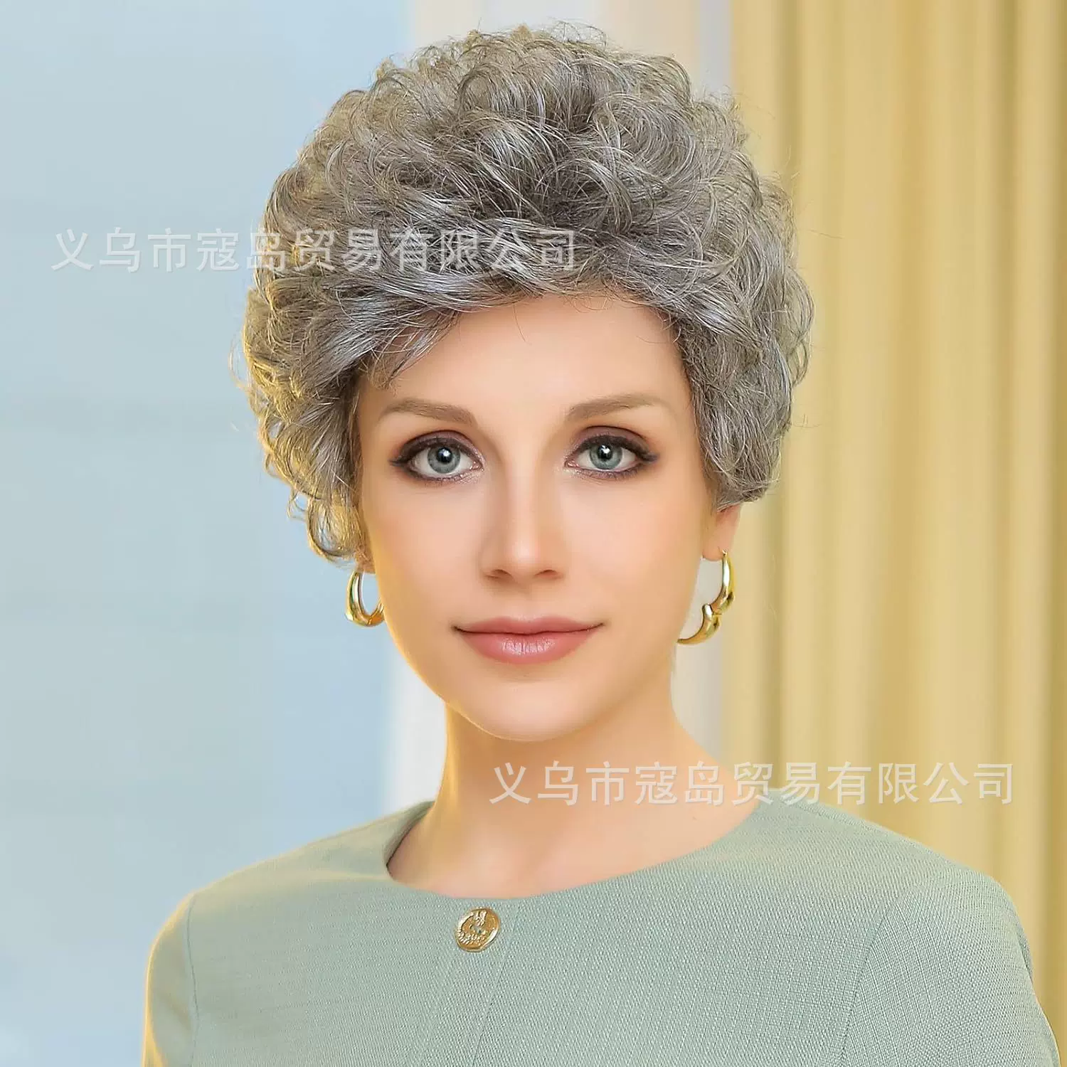 欧美中老年假发时尚假发高温丝短卷发渐变色浅棕色整顶假发头套