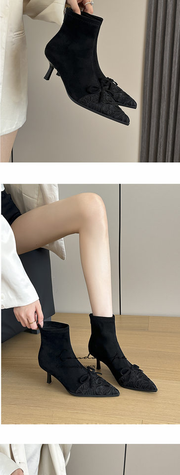 Bốt cổ ngắn ôm chân mũi nhọn gót cao 6–8 cm, thêu nơ, chất liệu nhung co giãn — màu đen chi tiết 8